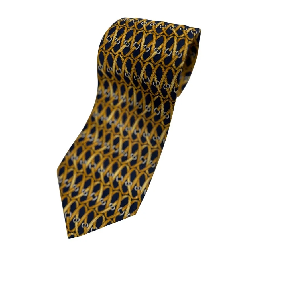 Lancel Paris Tie Mens OS Navy Gold Excellent Vintage Silk Equestrian Belt France